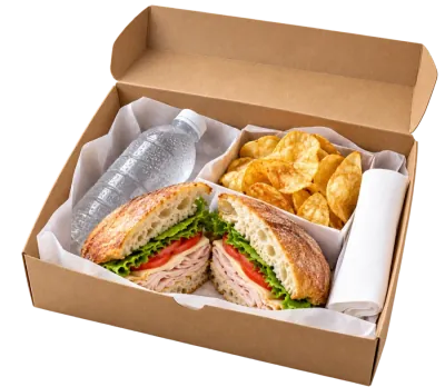 Boxed lunch: sandwich, chips, and water